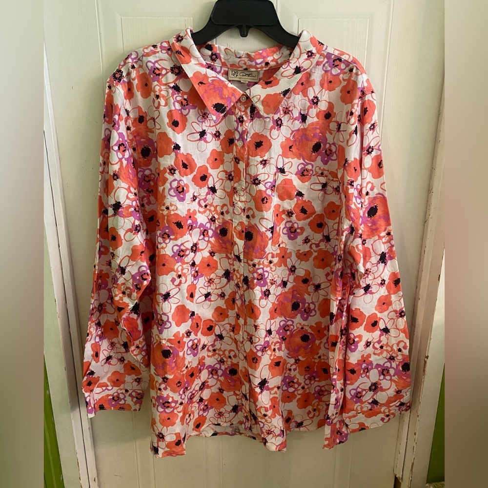 DG2 by Diane Gilman Floral Button-Up Blouse in Orange, Pink & Black
